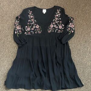 Blue Rain Black Gauzy Embroidered Dress